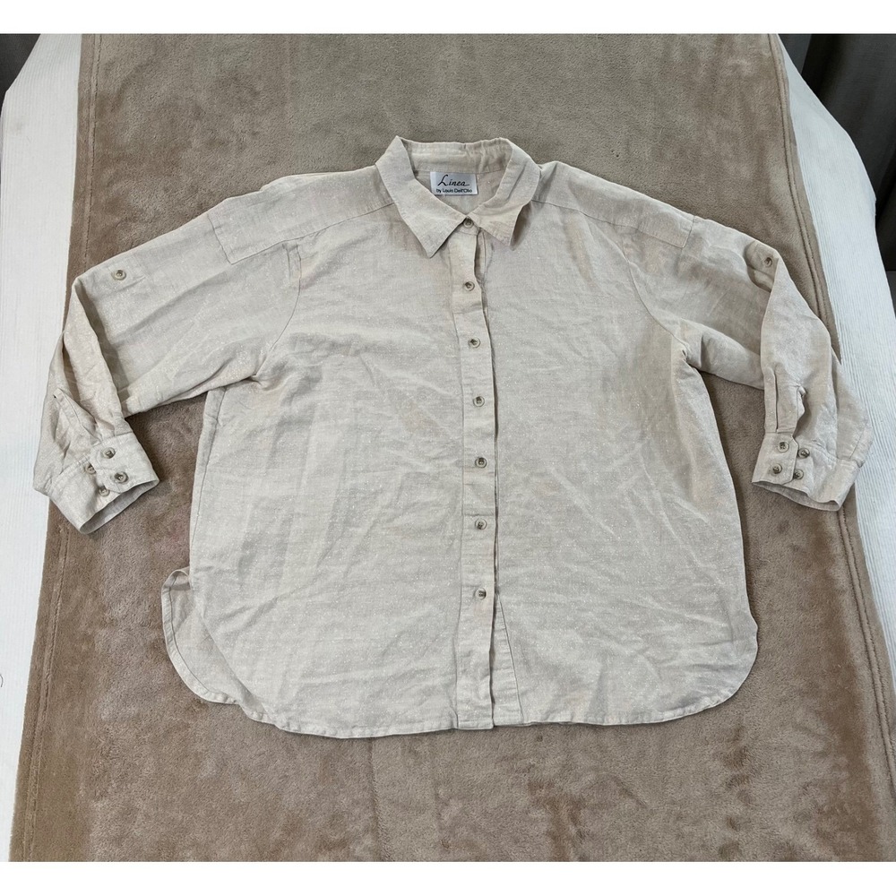 Linea by Louis Dell'Olio Women Metallic Shimmer Roll Tab Button Up Linen‎ Shirt